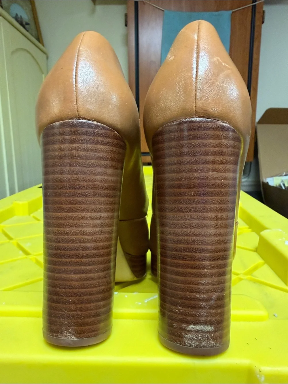 Michael Kors Cognac Leather Peep-Toe Heels with Buckle Detail